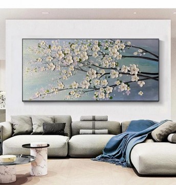 150の主題の芸術作品 Painting - パレットナイフによるホワイトチェリーの花の壁の装飾